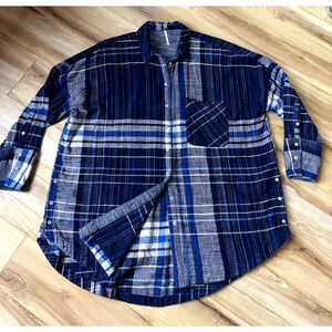 Free People Rainy Day Plaid Flannel Blue Navy Oversize Tunic Size M Button GUC